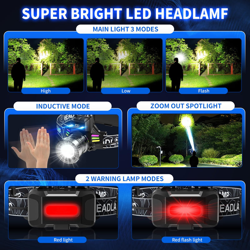 Rechargeable Headlamp 2 Pack, 3500 Lumens Bright Headlight for Adults with 7 Modes, Motion Sensor & Digital Display Waterproof for Camping, Hiking, Running, Luminous Strip Black - BeesActive Australia