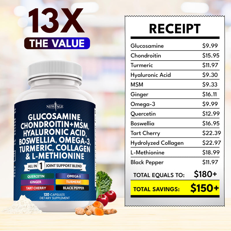 Glucosamine Chondroitin, MSM, Turmeric Curcumin, Collagen, Hyaluronic Acid, Omega 3 ‚Äì Health Supplement for Men & Women ‚Äì 240 Count 120 Count (Pack of 2)