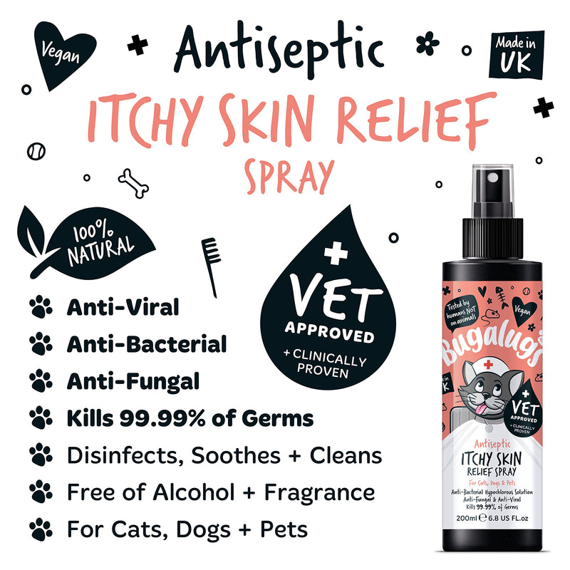 BUGALUGS Cat itchy skin relief Antiseptic spray 200ml, for kitten, cats & small animals - cat anti scratch cat spray is Antibacterial, Antifungal & Antiviral use for cat acne