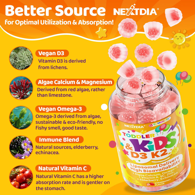 Nextdia Toddler 2-3 & Kids Vitamin D3 K2 + Calcium 500mg / 250mg Gummies | 1000 / 2000 IU D3 w/ Omega3 DHA, Elderberry, Mag, Teens Kids Vitamin ADK, Bone, Calcium Absorption, Immune, Brain, Sugar-Free