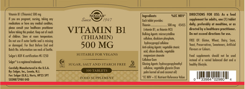 Solgar Vitamin B1 (Thiamin) 500 mg, 100 Tablets - Energy Metabolism, Healthy Nervous System, Overall Well-Being - Super Potency - Non-GMO, Vegan, Gluten Free, Dairy Free - 100 Servings, (Pack of 2) Unflavored 100 Count (Pack of 2)