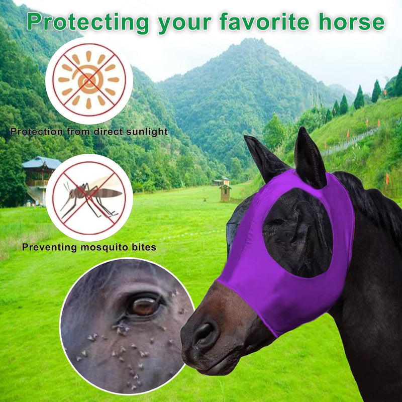 3 Pcs Horse Fly Mask-Fly Masks for Horses with Ears, Breathable Elastic Fabric for Sun Protection for Large/Medium Size Adult Horses (Purple-Pink-Gray, Large) Purple-Pink-Gray - BeesActive Australia