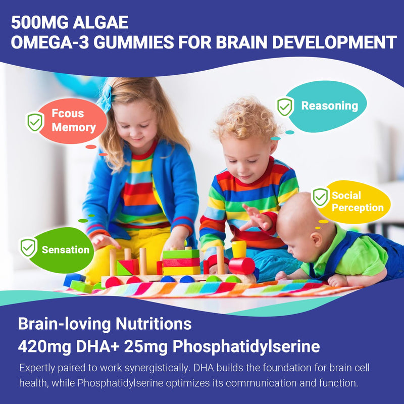 Algae Omega 3 Gummies for Kids - 500mg with DHA, Phosphatidylserine, Vitamin D3 & K2 - Sugar Free DHA Supplement for Brain& Eye - Fish Oil Alternative - Vegan, 60 Count 60 Count (Pack of 1)