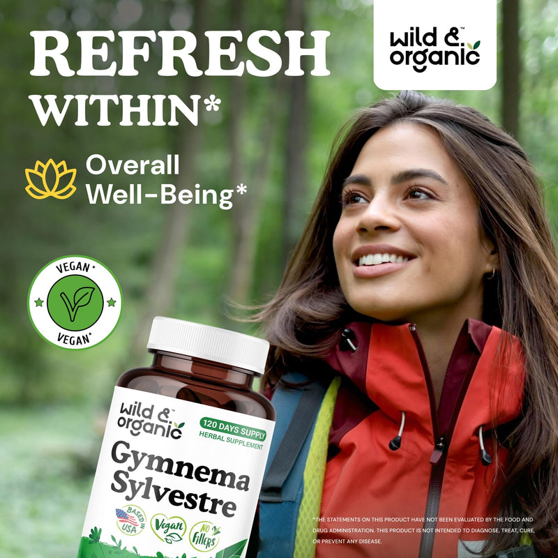 Wild & Organic Gymnema Sylvestre Capsules 600 mg - Overall Support - Natural Gymnema Supplement - Gurmar Herb Powder - 120 Days of Supply - Vegan, No Fillers, Non-GMO - 120 Count - BeesActive Australia
