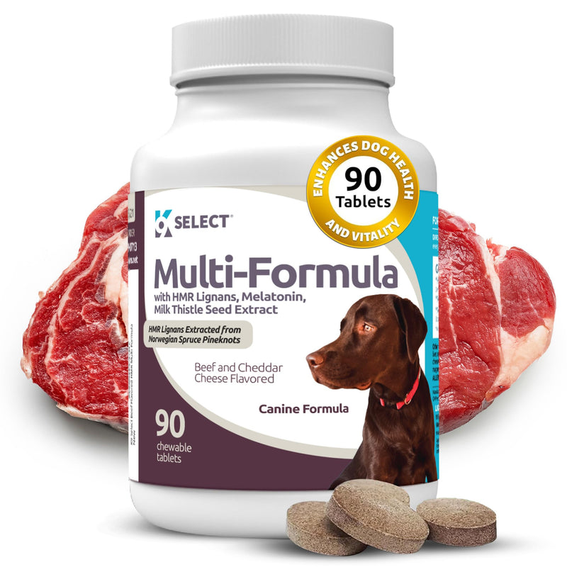 K9 Select Multi-Formula Dog Vitamins for Large Dogs - 30mg HMR Lignans, 3mg Melatonin, 60mg Milk Thistle - Helps Heart, Liver, Digestion, Skin & Coat Health, Dog Multivitamin, 90 Tablets, Beef Flavor 30mg Beef Flavored