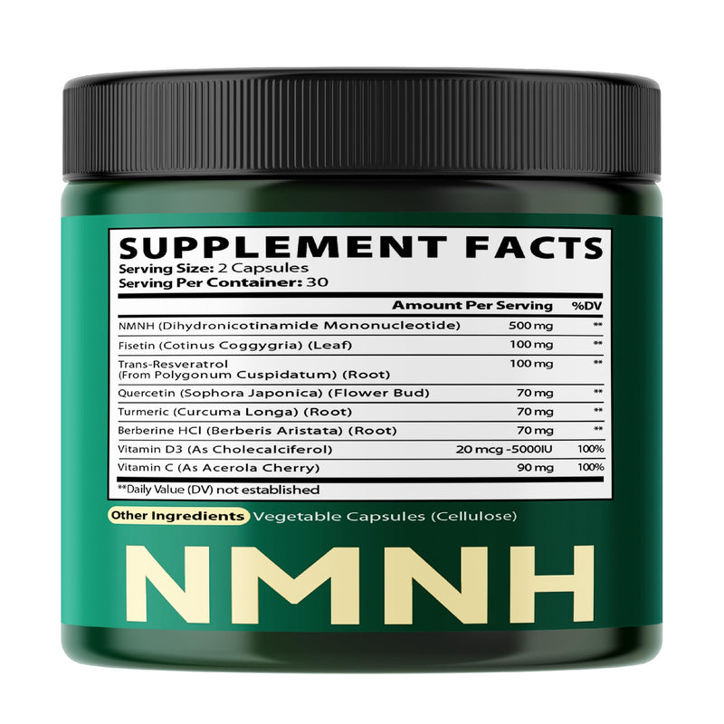 Satoomi 8in1 NMNH - NMN Supplement Alternative - NAD Supplement to Support NAD Levels Added Fisetin, Resveratrol, Quercetin, Turmeric, Berberine, Vitamin D3 & C - 60 Count for 30 Days Green 8in1