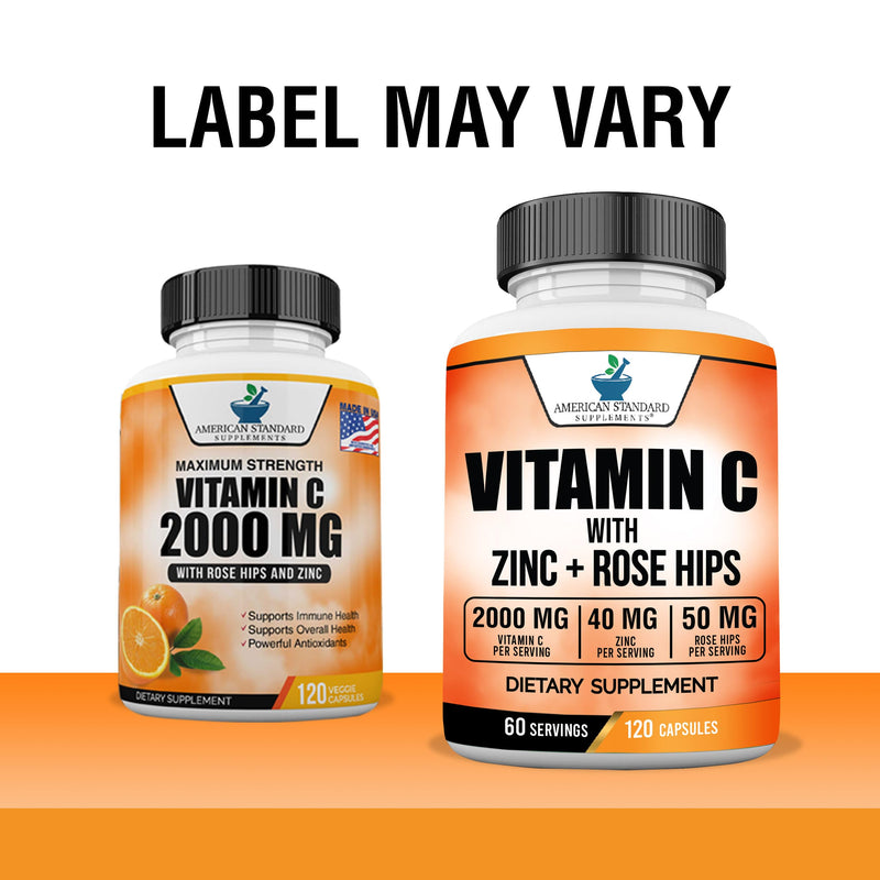 American Standard Supplements Vitamin C 2000mg, Zinc 40mg, and Rose HIPS 50mg Per Serving – Vegan, Gluten Free, Non-GMO, 120 Capsules, 60 Servings - BeesActive Australia