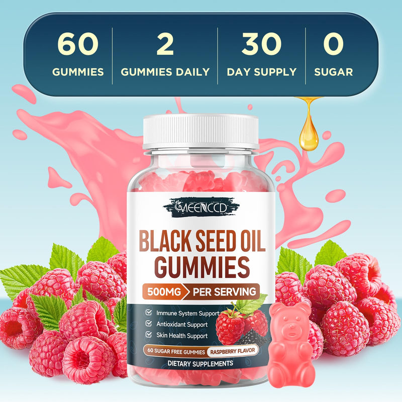 2 Pack Black Seed Oil Gummies, Cold Pressed Black Seed Oil Supplement | Antioxidant Support, Vegan, Non-GMO, Suagr-Free, Natural Raspberry Flavor, 120 Count 60 Count (Pack of 2)