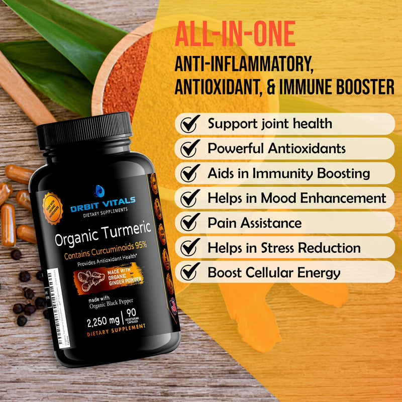 Organic Turmeric Curcumin with Black Pepper & Ginger 2250mg, 95% Standardized Curcuminoids - Helps Inflammation, Maintain Strong Joints & Healthy Immune, Gluten Free 90 Vegan Capsules - BeesActive Australia