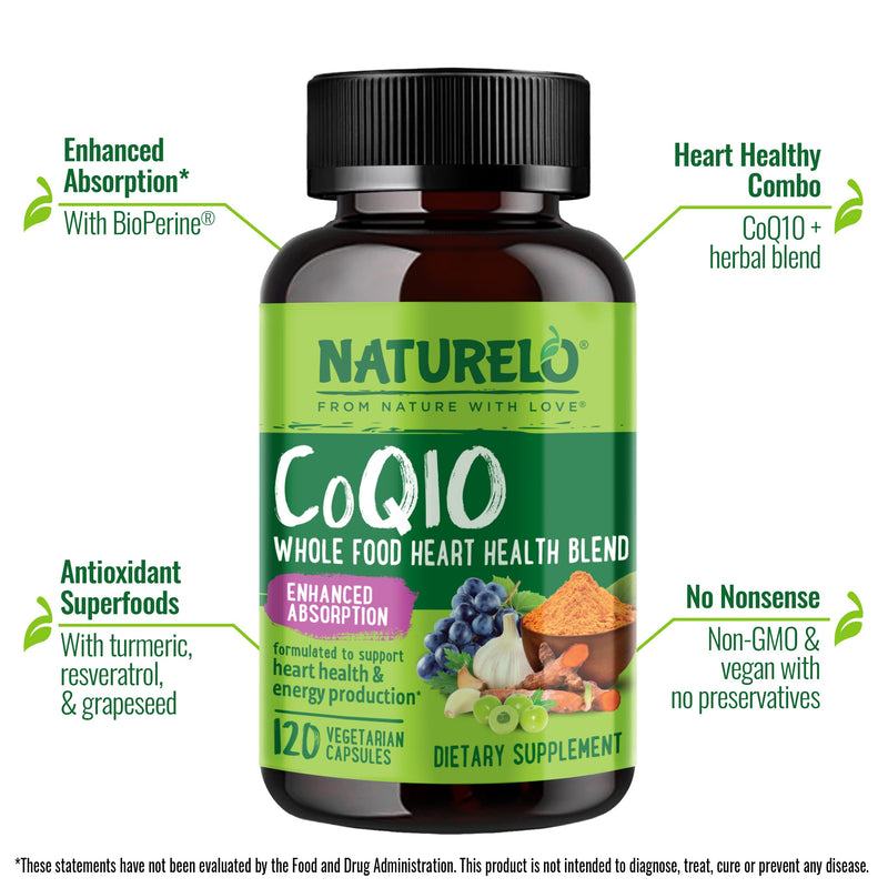 NATURELO Whole Food CoQ10 Supplement, 120 Vegetarian Capsules | Heart Health Blend, Powerful Antioxidant, CoQ10 100mg Supports Energy Production Unflavored 120 Count (Pack of 1)