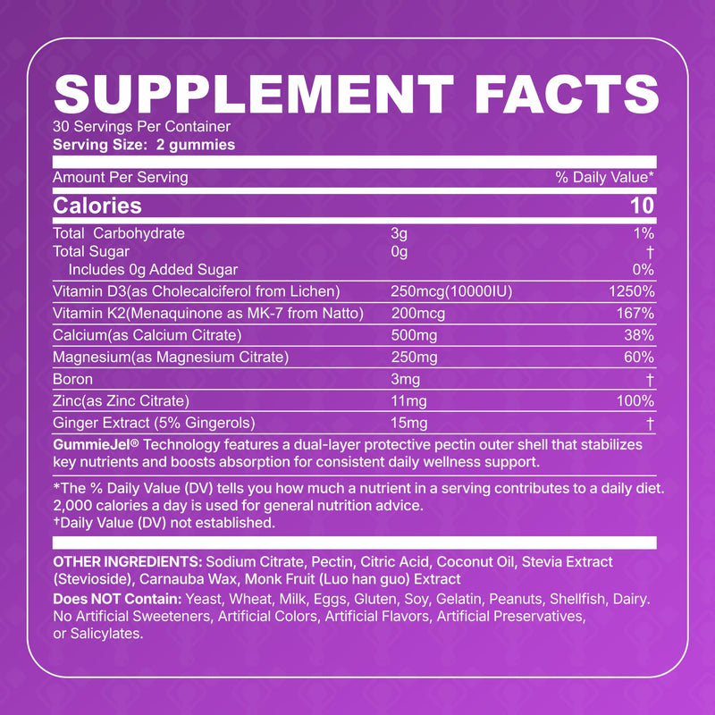 Vitamin D3 K2 Gummies for Women & Men, 10000 IU D3 Supplement | Vegan Vitamin D with Magnesium, Zinc, Calcium, Boron & Ginger Extract, Supports Energy, Immunity, Bone, Muscle Health