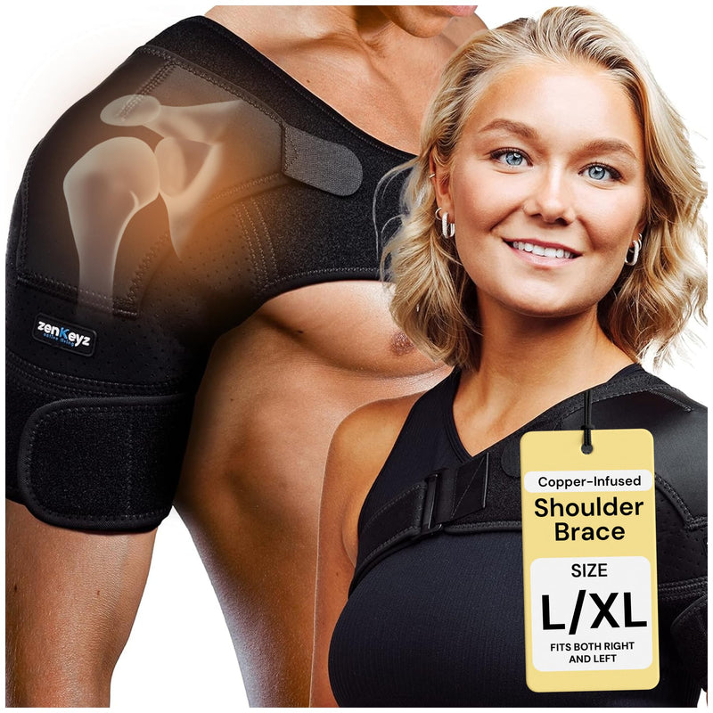 ZENKEYZ Shoulder Brace for Men & Women - Size L/XL (Chest 38-50") - Black/Copper - Copper-Infused Compression Sleeve & Rotator Cuff Support - Adjustable Strap with Ice/Heat Pocket - Sturdy Arm Sling for Joint Stability Copper Infused Black - BeesActive Australia
