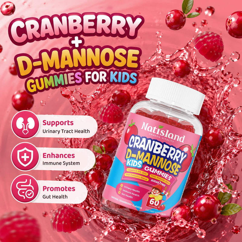 Cranberry & D-Mannose Gummies for Kids 4+, D Mannose with Cranberry Supplement for Urinary Tract Health & Immune Health, with Vitamin C, D3, Zinc, Probiotic & Prebiotic Blend, Sugar-Free, Vegan, 60 Ct