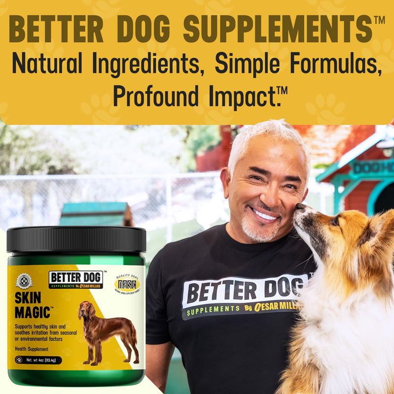 Better Dog Supplements by Cesar Millan® Skin Magic – Natural Skin and Coat Supplement for Dogs Irritation from Seasonal Factors, Hot Spots, & Itch Relief Dog Skin Supplement – 4oz (60-Day Supply)