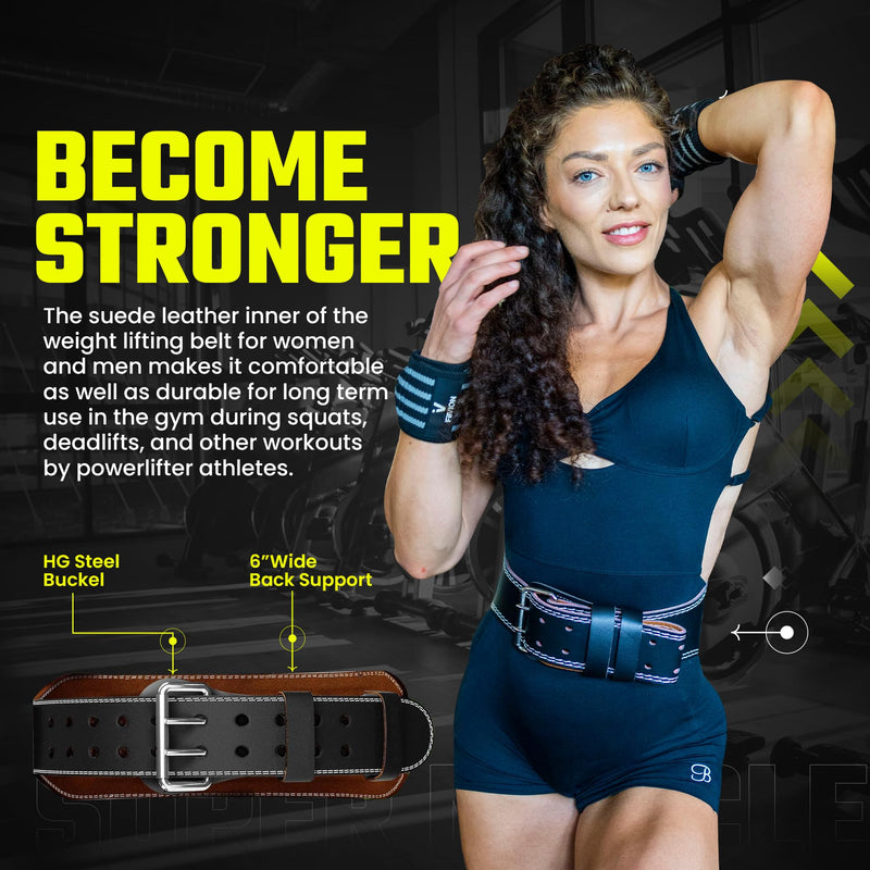 Genuine Leather Weight Lifting Belt With Free Wrist Wraps - 6 Inch Wide - PU Leather Gym Belt - Bodybuilding belts - Lumbar Back Support - Weight Lifting Belts for Men & Women Medium