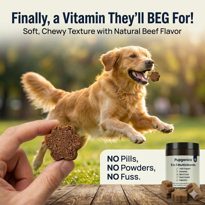 Pupganics Multivitamin Daily Soft Chews for Dogs, 5 in 1 multivitamin for Hip & Joint, Heart Health, Skin & Coat, Digestion & Immune Support, with Probiotics, Glucosamine, Vitamin A/D3/E (Beef) Beef