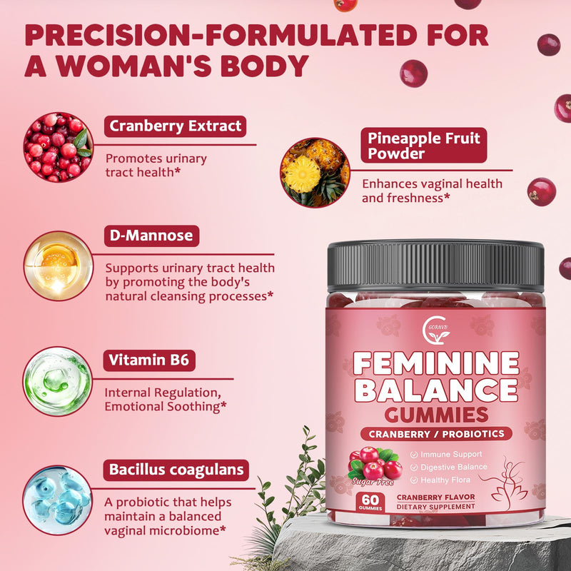 Premium Feminine Balance Gummies for Women with Cranberry Pineapple Powder | Support pH Balance & Vaginal Probiotics Health Gummies with D-Mannose , Sugar Free, Gluten Free, Vegan 60 Count (Pack of 1)