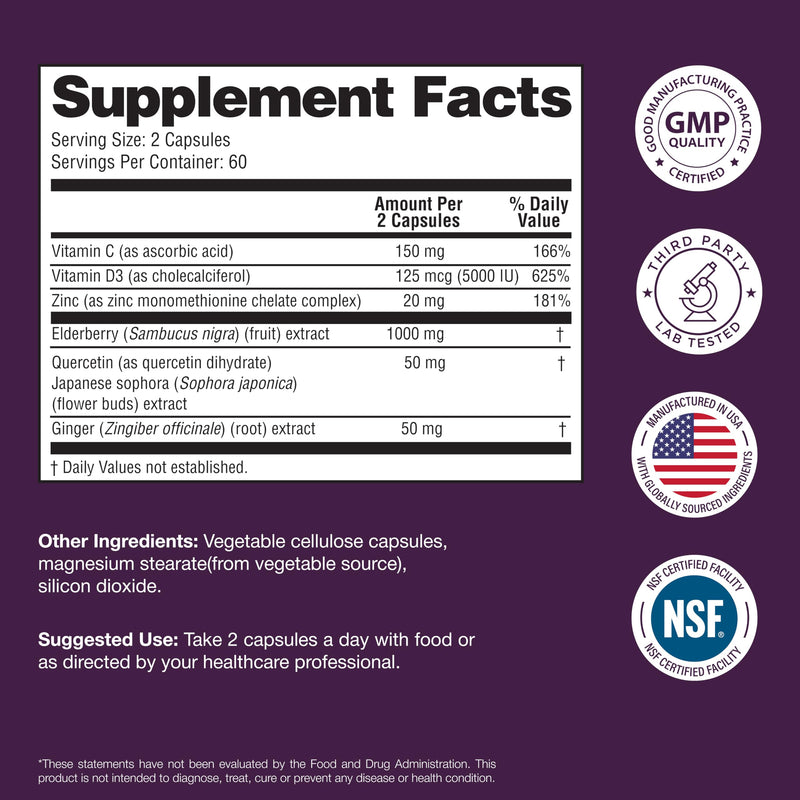 Elderberry Vitamin C and Zinc Capsules with D3 and Quercetin, 240 Count | 6-in-1 Immune Support Supplements For Adults, Sambucus Extract Zink Ginger USA Made in NSF GMP Certified Facility By Sandhu's 120 Count (Pack of 2)