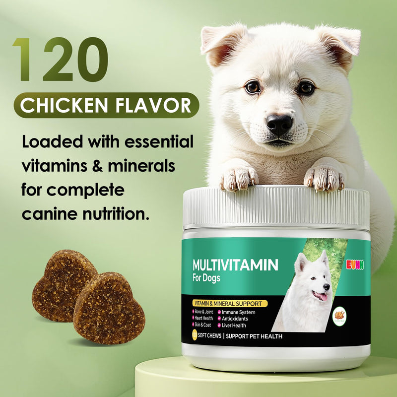 Multivitamin for Dogs，Dog Multivitamin Chews with Essential Vitamins & Minerals - Skin & Coat Health, Immune Support, Heart & Liver Care, Chicken Flavor, 120 Count