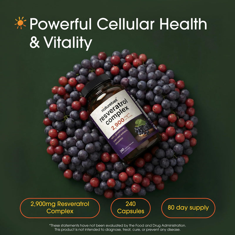 NatureBell Resveratrol Complex - 240 Vegetarian Capsules - Made with Resveratrol, NAD, Glutathione & More - Healthy Aging & Antioxidant Support - Heart, Brain & Immune Wellness*