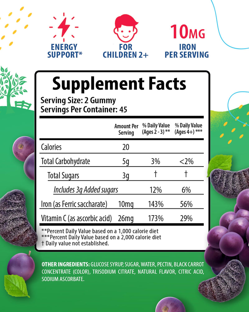 SUNNY SAM Iron Gummies for Kids & Teens - 10mg Iron Vitamins with Vitamin C - Low-Sugar Chewable Gummy Supplement for Immune Support, Supports Red Blood Cell Production for Children & Teen Girls 90 Count (Pack of 1)