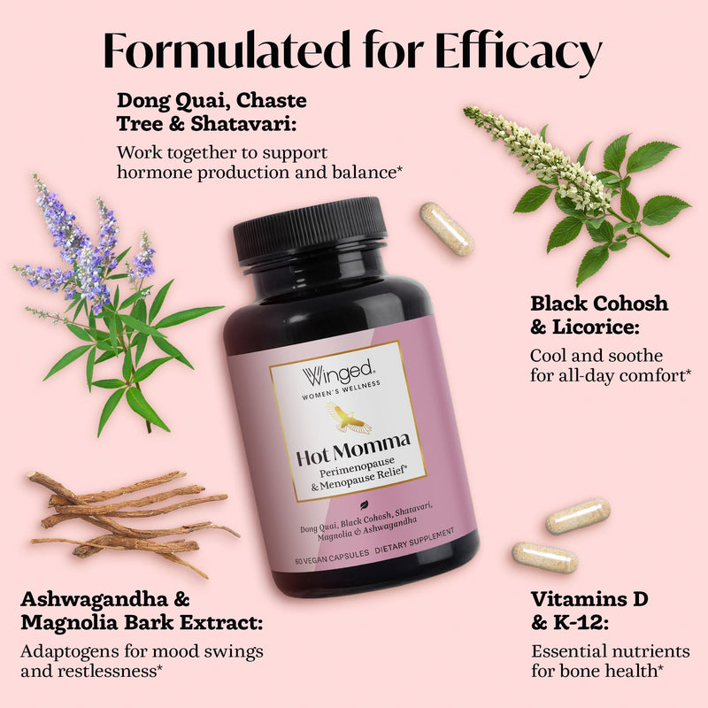 Winged Wellness Hot Momma Menopause Supplements for Women - Hormone-Free Menopause Relief Support for Hot Flashes & Night Sweats with Chaste Tree Berry, Multivitamins & More - 60 Vegan Capsules 30 Count (Pack of 1) - BeesActive Australia