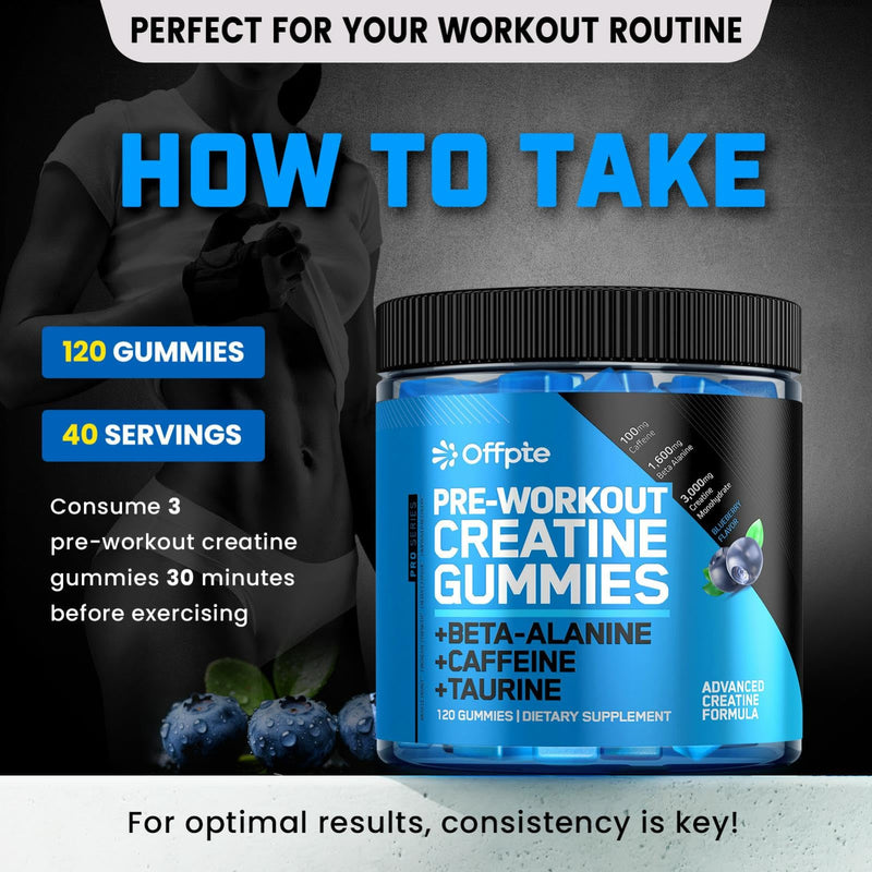 Pre Workout Gummies for Men & Women,Cheweable|Sugar-Free|PreWorkout Energy Gummies with Creatine Monohydrate, Beta-Alanine,Taurine for Strength & Endurance,120 Gummies, Blueberry Flavor - BeesActive Australia