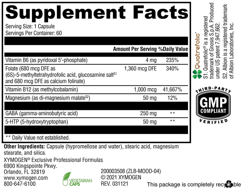 XYMOGEN Mood Food, 60 Capsules | Supports Relaxation and Healthy Mindset, Serotonin Support Complex for Nervous System Health, Active Folate and 5-MTHF