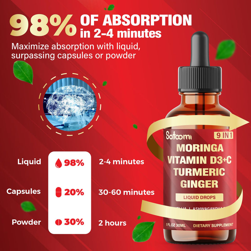 9in1 Moringa Liquid Drops with Vitamin D3-C, Ceylon Cinnamon, Ashwagandha, Ceylon Cinnamon, Bitter Melon and More - Immune System - 1 FL Oz - 30 Day Supply