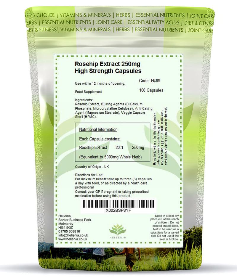 Rosehip High Strength 5000mg 180 Capsules | Premium Rosehip Extract High Strength Supplement for Joint Support | Extracted from Rosa Canina - Made in UK by Hellenia