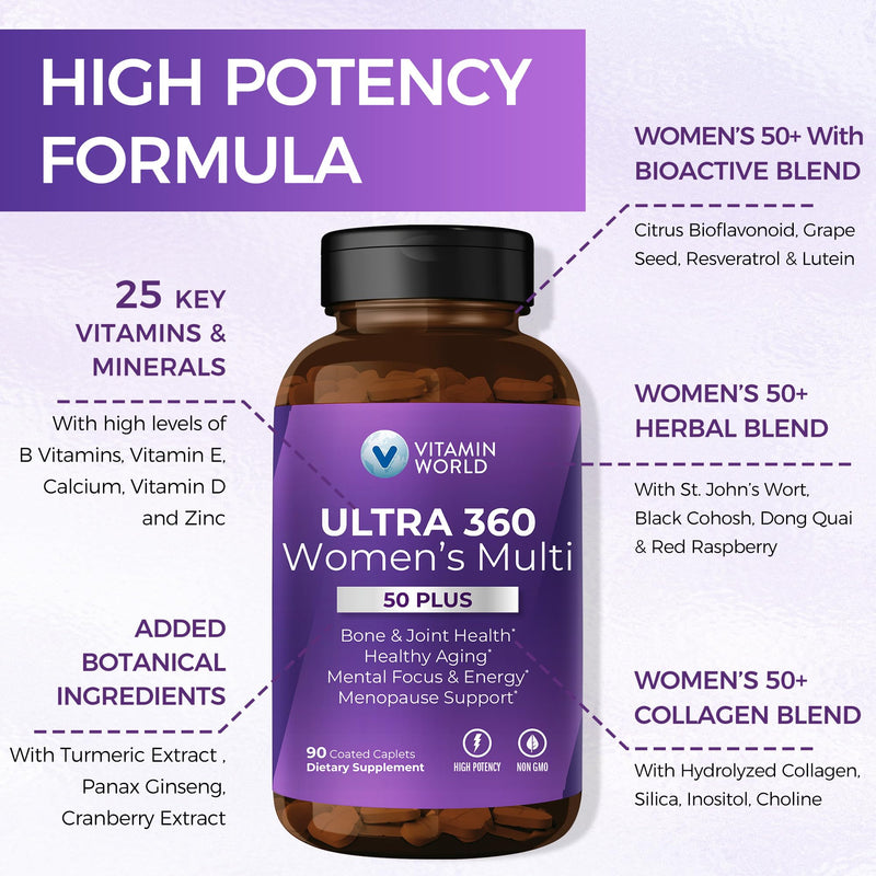 Vitamin World Ultra 360 Multivitamin for Women 50 Plus, Menopause Support | Women's 50+ Multivitamin with Minerals & Herbs, Vitamin B, D, E & Zinc for Healthy Aging, 90 Caplets 90 Count (Pack of 1)
