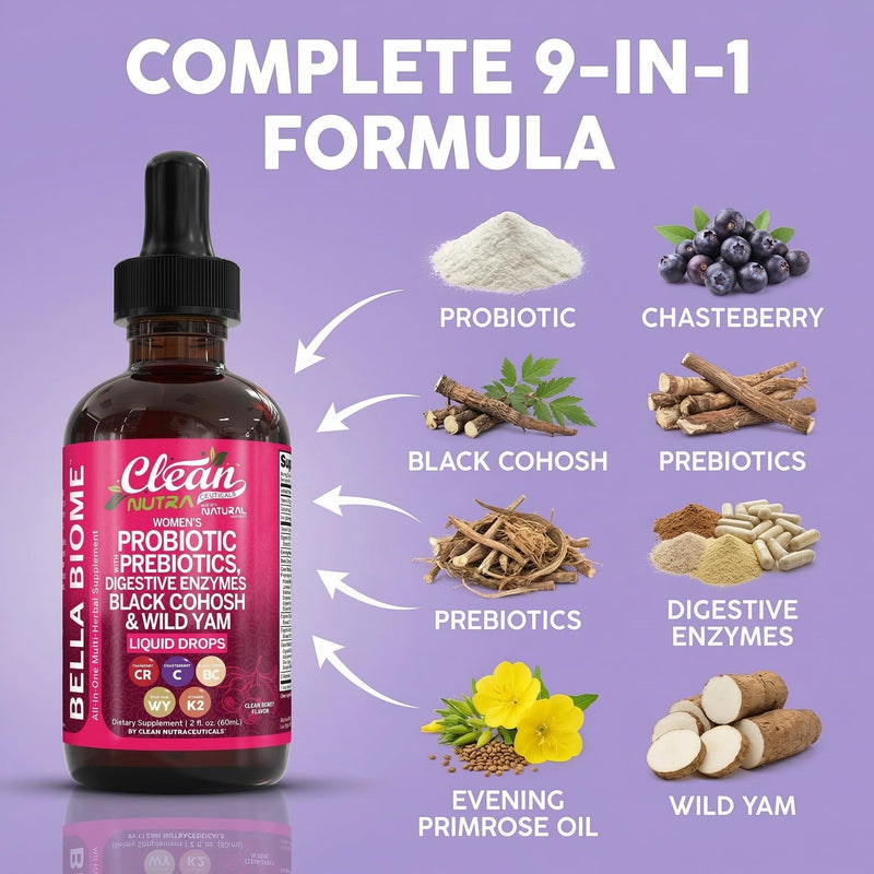Liquid Probiotics for Women Drops with Chasteberry, Black Cohosh, Prebiotics, Digestive Enzymes, Evening Primrose Oil, Wild Yam, Cranberry Dmannose and Iron Vitamin D3 K2 Clean Nutra Bella Biotics 1