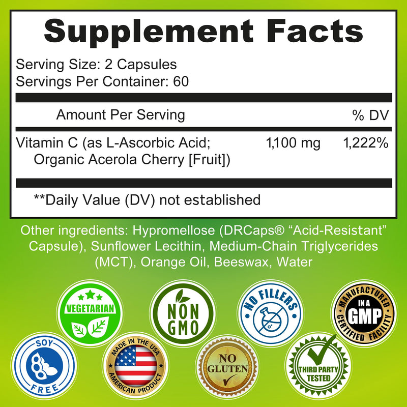 Liposomal Vitamin C Liquid Gel Capsules 1100mg - Made with Organic Acerola | Vitamin C Capsules for Immune Support - High Potency, Enhanced Absorption & Bioavailability, Daily Antioxidant Support, 120ct Liquid Liposomal Capsule 1100mg - 120 ct