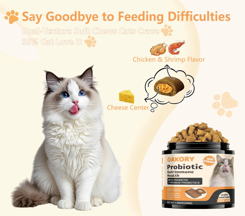 Cat Probiotics Tasty Chews –500 Chews Crunchy & Creamy Texture, with Fish Oil Omega-3 Skin & Coat Health Digestive & Gut Support, Constipation Relief, Healthy Stool, Chicken Flavor with Cheese Center