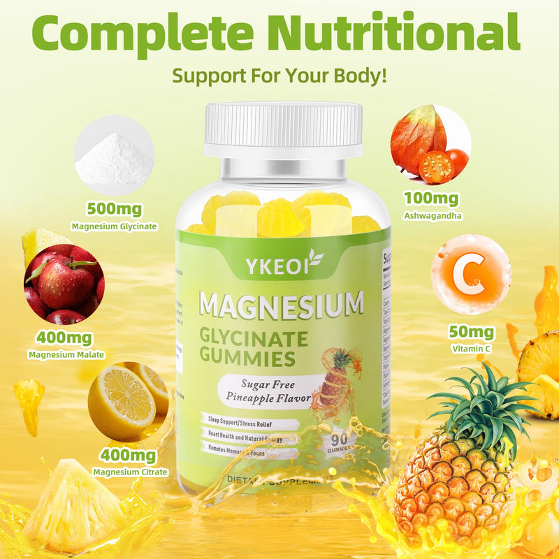 90 CT Magnesium Glycinate Gummies 500 mg with Ashwagandha,Sugar Free Magnesium Supplement Triple Magnesium Complex with Citrate,Malate,Vitamin C D3 B6,for Women and Men Kids Sleep Relaxation Pineapple 90 Count (Pack of 1)