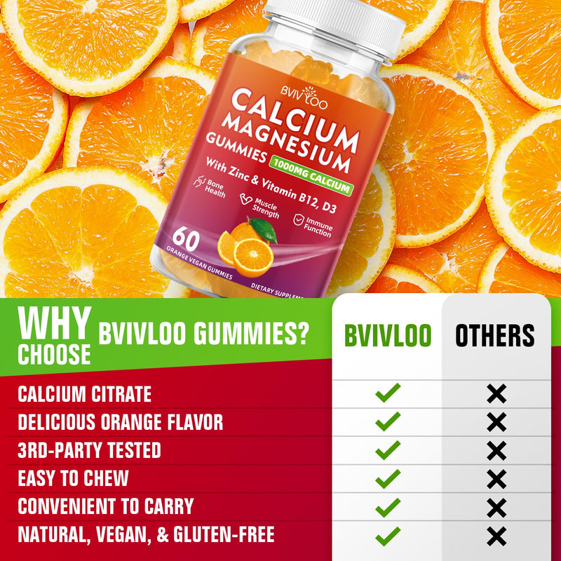 Calcium Gummies 1000mg with Vitamin D3 K2 & B Complex, Potassium, Calcium Magnesium Zinc Gummies for Bone, Muscle, Mood and Immunity - Orange Flavor 60 Gummies 1 Pack