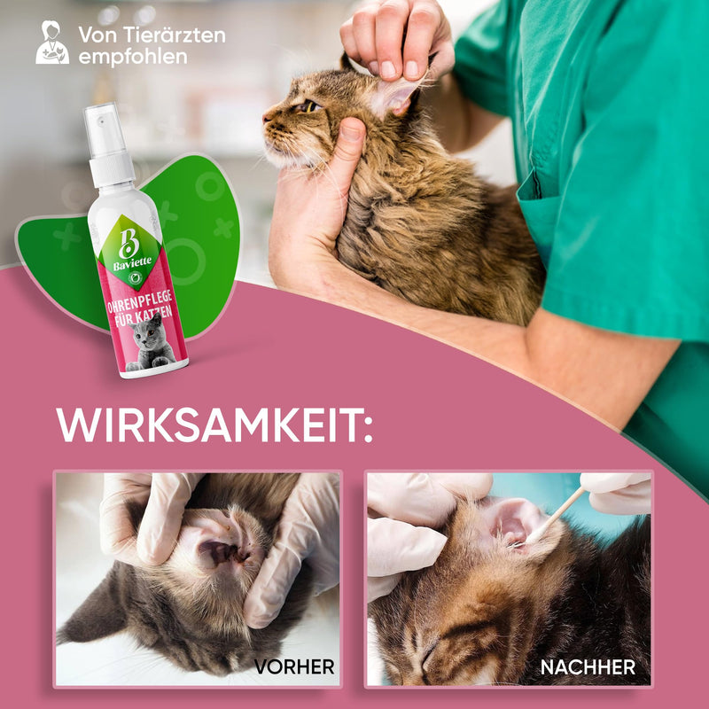 Baviette Cat Care – 100 ml Natural Ear Cleaner for Cats – Care Spray with Microorganisms, Probiotic-Inspired – For Outer Ear Care – Odourless, Alcohol-Free & pH-Neutral