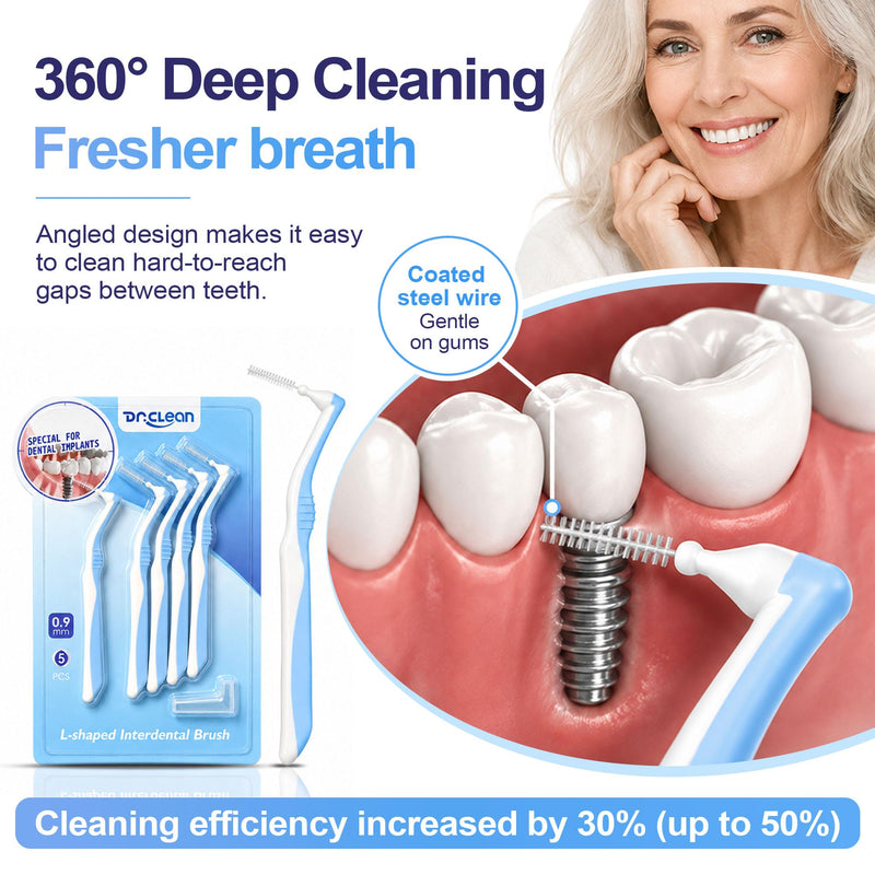DR.CLEAN Angled Interdental Brushes (0.9mm Tight Teeth Gaps),Interproximal Dental Brush for Braces and Tight Gaps, Long Handle L-Shaped Cleaner for Back Teeth, Bridges and Implants 4 Boxes / 20 Pieces