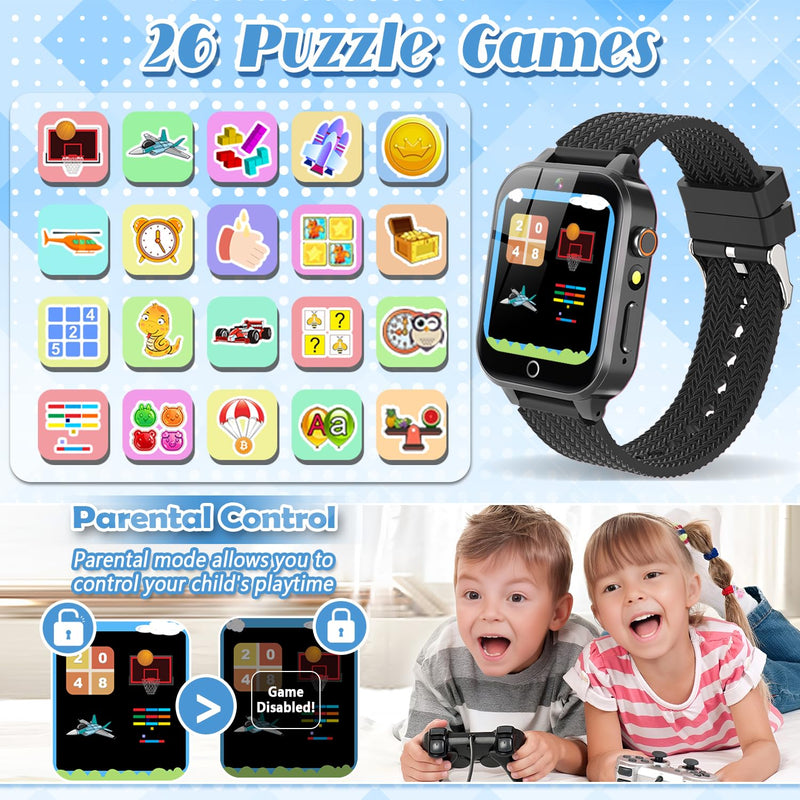 Tywop Smart Watch for Kids Girls Age 3-12 with 26 Puzzle Games HD Video Camera Touchscreen Music Player Learning Cards Storybook Pedometer Metal Case Kids Watch Toy Birthday Gifts Black - BeesActive Australia