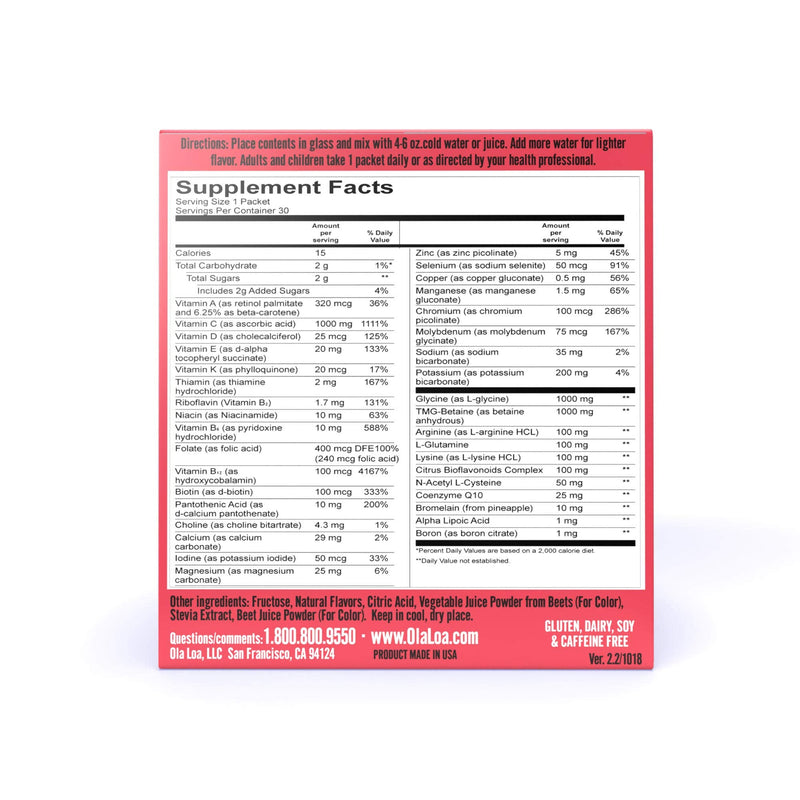 Ola Loa Energy Cran-Raspberry Multi Vitamin Drink Mix - Amino Energy Powder, Gluten Free, Detox, Dairy Free, Caffeine Free - Drink Your Vitamins for the Rigors of Daily Life - 30 Packets (8.25oz)