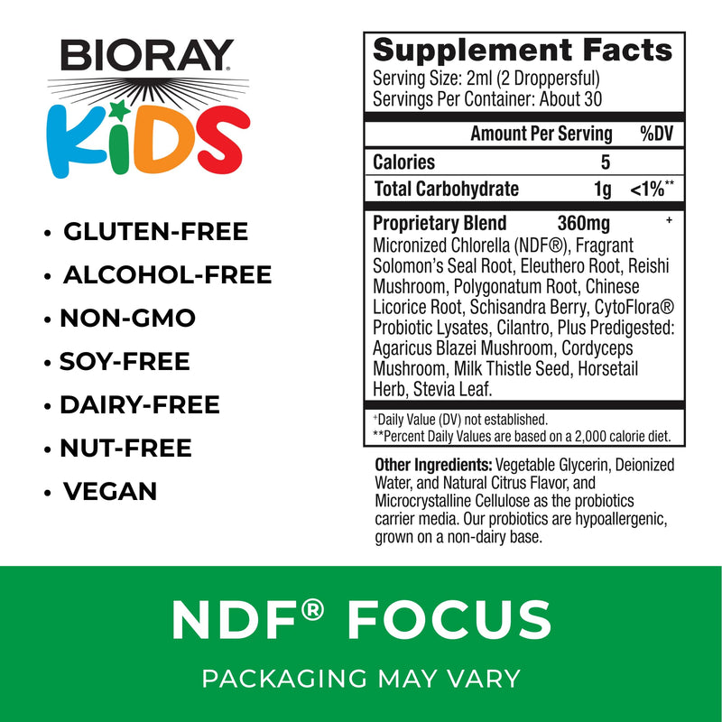 BIORAY Kids NDF Focus, Citrus - 2 fl oz - Supports Cognitive Function, Enhances Clarity & Promotes Steady Energy Levels - Non-GMO, Vegetarian, Gluten Free - 1-2 Month Supply 2 Fl Oz (Pack of 1) - BeesActive Australia
