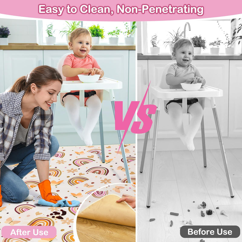 Basumee Splat Mat High Chair Mat Waterproof Baby Play Splat Mat for Under High Chair Food Catcher Highchair Mat for Floor Non Slip Bottom, Brown Rainbow, 46x42 Inches - BeesActive Australia