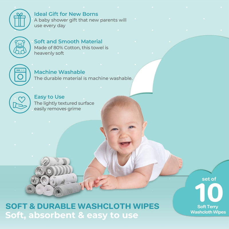 Spasilk Washcloth Wipes Set for Newborn Boys and Girls, Soft Terry Washcloth Set, Pack of 10, Gray Celestial 10 Count (Pack of 1) Grey Celestial - BeesActive Australia