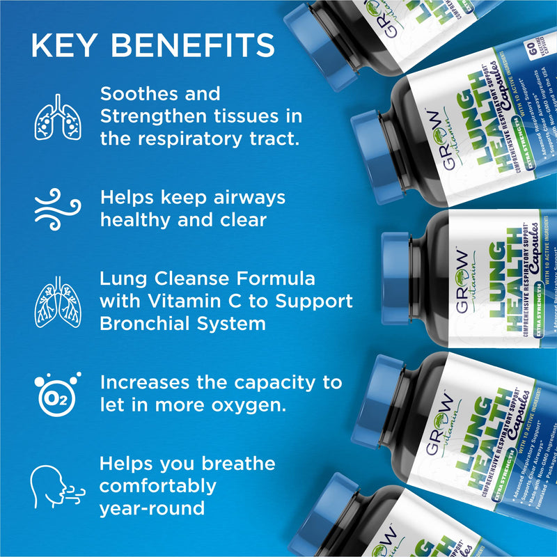 grow vitamin Lung Health, Respiratory Support Supplement, Lung Health Extra Strength Support, Lung Cleanse Formula with Vitamin C to Support Bronchial System, Breath Clear Airways - 60 Capsules