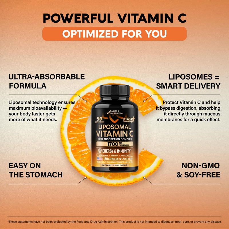 Liposomal Vitamin C 1700mg - High Absorption Vitamin C Supplement - 180Caps | Fat Soluble Complex - Antioxidant, Energy Boost & Immune Support for Men & Women - NON-GMO, SOY-Free & Gentle on Stomach