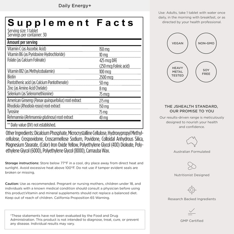 JSHealth Daily Energy Supplement. Once Daily Energy Vitamins for Women with American Ginseng, Rhodiola, B Vitamins, Vitamin C, Zinc. Supports Stamina and Stress. Vegan (30 Tablets) 30 Count (Pack of 1)