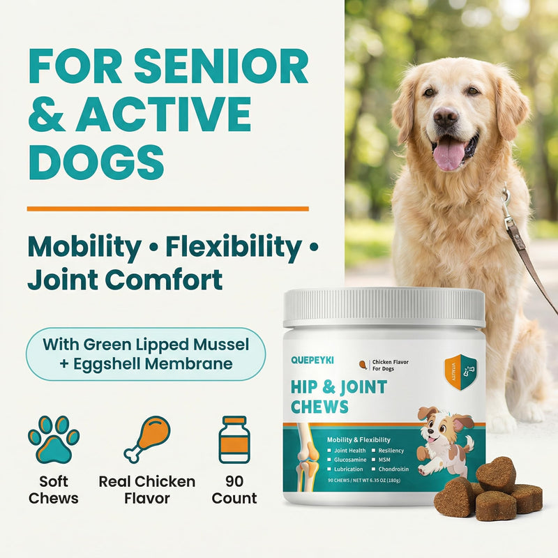 8-in-1 Dog Hip and Joint Supplement - Glucosamine Chondroitin MSM for Dogs with Green Lipped Mussel & Eggshell Membrane - Advanced Mobility Soft Chews for Active & Senior Dogs - 90 Count