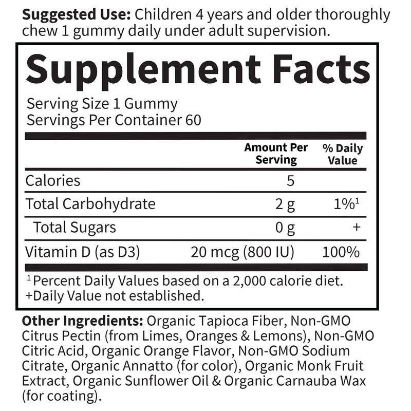 Garden of Life Kids Organic Vitamin D3 Gummies with 800 IU (100% Daily Value) for Strong Bones, Teeth, Brain & Immunity – Non-GMO, No Gluten, Vegetarian, Sugar Free, Orange Flavor, 60 Servings 60 Count (Pack of 1)