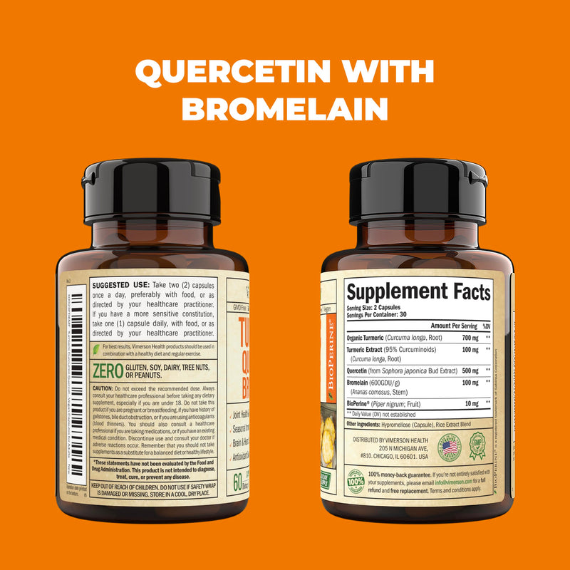 Quercetin with Bromelain & Turmeric Curcumin - Bromelain Supplement with Black Pepper. Immune & Joint Support Supplement - BioPerine & 700mg Organic Tumeric for Inflammation Balance & Allergy Support 60 Count (Pack of 1) - BeesActive Australia