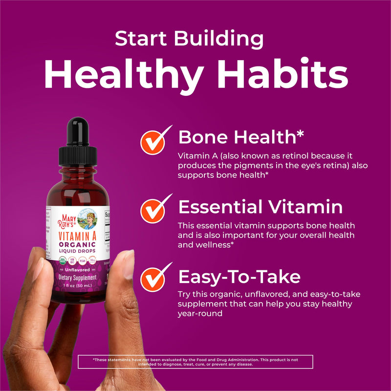 MARYRUTH'S Organics USDA Organic Vitamin A Liquid Drops, 1 oz, Sugar Free | 3 Month Supply, Bone Health for Ages 14+, 750mcg per Serving, Sugar Free, Vegan